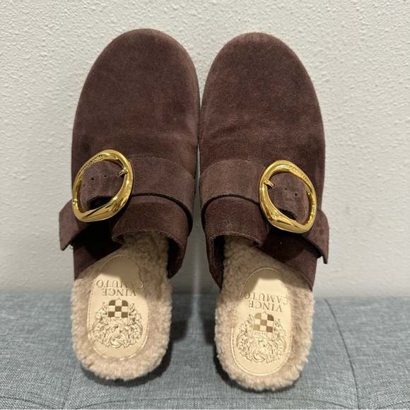 Vince Camuto Canzenee Chocolate Suede Mules with Gold Buckle - Picture 7 of 10